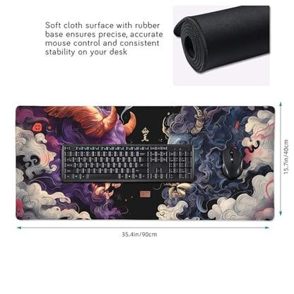 Extended Gaming Mouse Pad, XXL Non-Slip Rubber Base,Waterproof with Stitched Edges, Japanese Demon Design, Ultra-Smooth Cloth Surface, 35.4 x 15.7 Inches - color: Demon