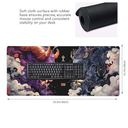 Extended Gaming Mouse Pad, XXL Non-Slip Rubber Base,Waterproof with Stitched Edges, Japanese Demon Design, Ultra-Smooth Cloth Surface, 35.4 x 15.7 Inches - color: Demon