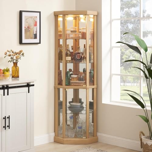 70" Lighted Corner Curio Cabinet,Inside Mirror Corner Glass Display Case with Tempered Glass Door for Living Room, Antique Collectibles, Wine & Bar Glass Storage, Lights Included - color: Light Oak, size: Style-A