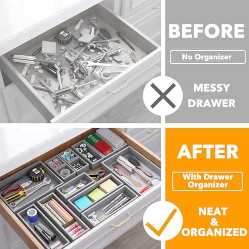 SpaceAid 14-Piece Bamboo Drawer Organizer Storage Boxes Set, Wood Tray Junk Drawer Organizers Multi-Use Divider Bins for Kitchen, Bathroom, Office Desk and Makeup Organization (14 Pack, Gray) - color: Gray