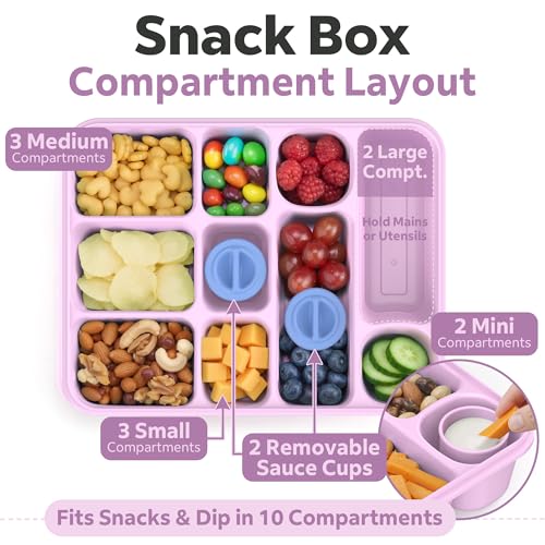 Snackle Box Container for Adults with 10 Compartment, Divided Serving Tray with Lid and Handle and 2 Sauce Containers, Portable Snack Box Container for Charcuterie Party Travel, Purple - color: Purple