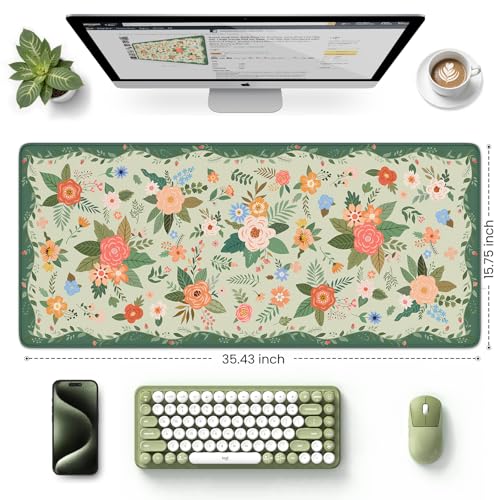 HAOCOO Cute Green Desk Mat, Floral Keyboard & Mouse Pad for Office/School/Home, Waterproof Large Desktop Mat, Non-Slip Cubicle Decor with Stitched Edge, Desk Pad Protector Girly Supplies - color: D-green, size: 35.4" x 15.7"