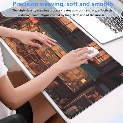 Extended Gaming Mouse Pad XL, Japanese Anime Desk Mat 31.5x15.7, Non-Slip | Beautiful large desk pad featuring a cozy retro Japanese street design. Elevates your aesthetic home office setup. - color: Warm and Cozy Store