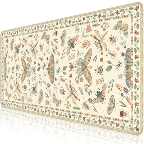 iCasso Beige Large Mouse Pad, Desk Matt for Desktop, XXL Desk Mat for Keyboard and Mouse, Anti-Slip Big Mousepad Computer Mat with Stitched Edges - color: Insect-beige