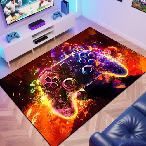 Gaming Area Rug Teen Boys Carpet, Colorful Gamepad Background Game Controller Design for Game Room, Boys Girls Bedroom Playroom, Living Room (Burning Ruins, 70" x 55") - color: Burning Ruins, size: 4'7" x 5'10" (Rectangular)