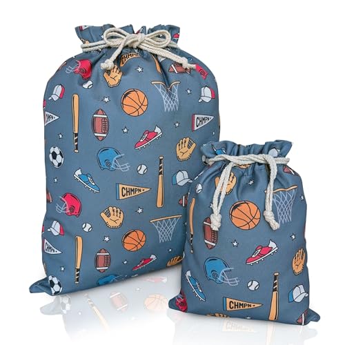 Gather & Knot Drawstring Gift Bags | 20" Large 12" Small | Premium Canvas | Reusable Fabric Wrap for Boy Birthday | Baseball Football Socccer | Sports - color: Sports
