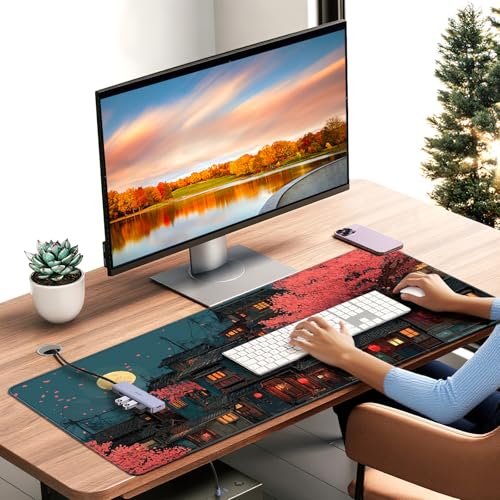 Japanese Anime Cherry Blossom Night Scene Mouse Pad, XXL Extended 35.4 x 15.7 Inch Desk Mat, Non-Slip Rubber Base, Microfiber Cloth Surface, Game Table mat - color: Japanese-style Night Scene Design