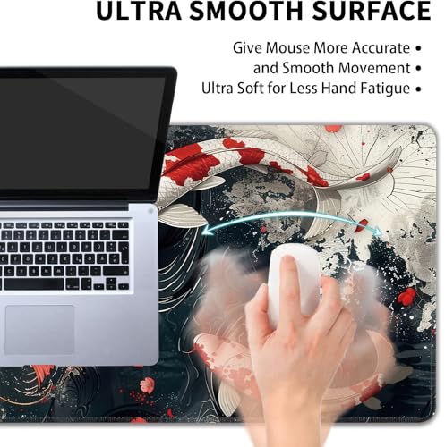 Koi Fish Large Mouse Pad,Gaming Keyboard Desk Pad,Extended Mouse Mat Non-Slip Rubber Base with Stitched Edges for Office Game Home XXL 35.4"x15.7" - color: Koi Fish, size: 35.4L x 15.7W inches