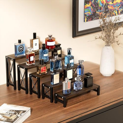 Stackable Wooden Cologne Organizer for Men, 5-Tier Tray Risers Display Makeup Perfume Organizer for Women, Wood Cupcake Stand, Buffet Shelf, Dessert Food Risers, Figure Collectible Stand
