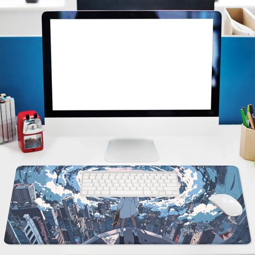 Japanese Anime Gaming Mouse Pad Cartoon Girl Cityscape Vortex Extended Mousepad Waterproof Stitched Edges Rubber Base Non-Slip Deskpad Computer Keyboard Mat 31.5x11.8 in - color: Japanese Anime, size: 31.5L x 11.8W inches