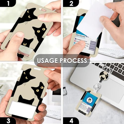 Black Cat Lanyards ID Badge, Cute Funny Cats ID Badge Holder with Retractable Reel Clip and Keychain, Vertical Heavy Duty Identity Badge Cover Case Protector for Teacher Nurse Women man - color: Blackcat-khaki