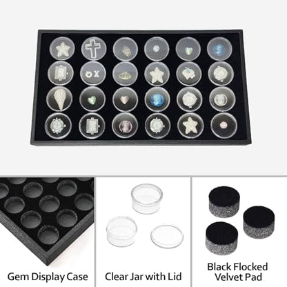 Ikee Design 24 Gem Showcase Stackable Jewelry Display Tray for Collectibles, Rock Storage Box Gemstones Bead Storage Jars, Black Foam, Black Tray, 14 7/8W x 8 3/8D x 1H in - color: Black Foam/Black Tray (24 Large Jars)