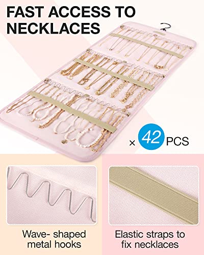 BAGSMART Hanging Jewelry Organizer Storage Roll with Hanger Metal Hooks Double-Sided Jewelry Holder for Earrings, Necklaces, Rings on Closet, Wall, Door, 1 piece, Large, Pink - color: Pink, size: Large