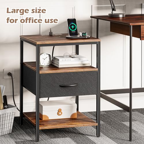 SUPERJARE Night Stand with Charger Station, 27.7 Inch Tall Nightstand with Adjustable Fabric Drawer, Bed Side Table, Fabric Drawer Dresser for Bedroom, Living Room, Rustic Brown and Black - color: Rustic Brown and Black, size: L (15.7"D x 17.7"W x 27.7"H)