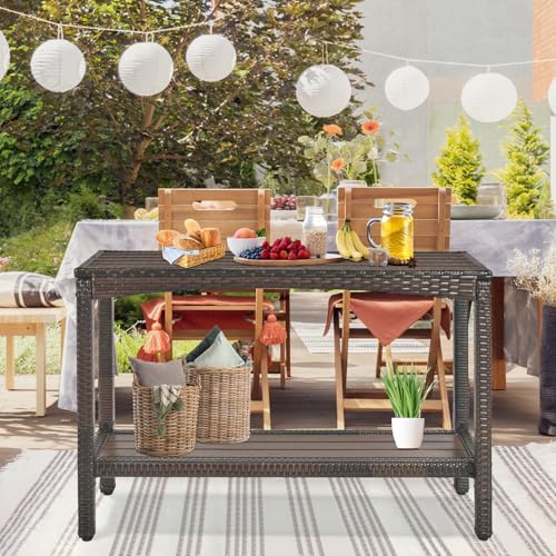 Outdoor Console Table Patio Buffet Bar Storage Organizer 55" Long Wicker Sofa Serving Sideboard Table 2-Shelf Outdoor Narrow Bar Table Tall Rectangle with Adjustable Feet for Entryway Brown - color: Brown-55