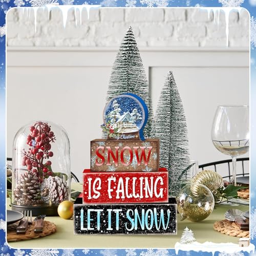 Britimes 4 Pcs Winter Table Decor Christmas Snow Globe Tiered Tray Decorations Set Snowflake Block Signs Gift Rustic Farmhouse Tabletop Decor for Table & Home Office - style: Snow Globe Christmas