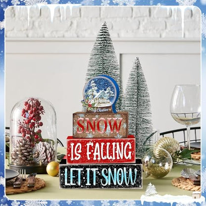 Britimes 4 Pcs Winter Table Decor Christmas Snow Globe Tiered Tray Decorations Set Snowflake Block Signs Gift Rustic Farmhouse Tabletop Decor for Table & Home Office - style: Snow Globe Christmas
