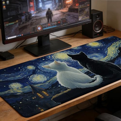 Black Cat and White Cat Look Starry Sky Gaming Mouse Pad with Stitched Edges Non-Slip Rubber Base Mouse Pad for Office,Computer,Keyboard,Laptop and Home Desk,31.5 x 11.8 Inch - color: Black Cat and White Cat Look Starry Sky, size: 11.8*31.5inch
