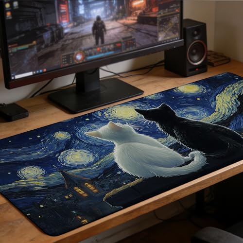 Black Cat and White Cat Look Starry Sky Gaming Mouse Pad with Stitched Edges Non-Slip Rubber Base Mouse Pad for Office,Computer,Keyboard,Laptop and Home Desk,35.4 x 15.7 Inch - color: Black Cat and White Cat Look Starry Sky, size: 15.7*35.4inch