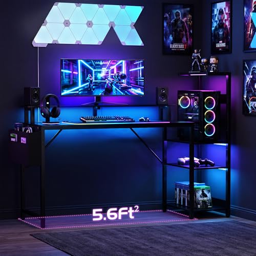 Apicizon 54 Inch Gaming Desk with LED Setup Style, Large Computer Desk with Storage Shelves & Dual Monitor Stand, Reversible Workstation for Small Space, Home Office Desk with Side Pocket - size: 54inch