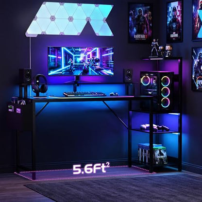 Apicizon 54 Inch Gaming Desk with LED Setup Style, Large Computer Desk with Storage Shelves & Dual Monitor Stand, Reversible Workstation for Small Space, Home Office Desk with Side Pocket - size: 54inch
