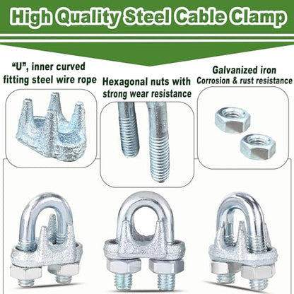 120PCS 5/16" M8 Zinc-Plated Wire Rope Clamps – Heavy Duty U-Bolt Cable Clips (Silver) - size: M8-120PCS