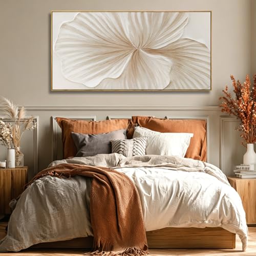 Framed White Floral Wall Art Hand Painted Textured Canvas Wall Art Modern Minimalist Abstract Flower Artwork for Living Room Bedroom Office 24x48 Inch - color: White and gold, size: 48"L x 24"W