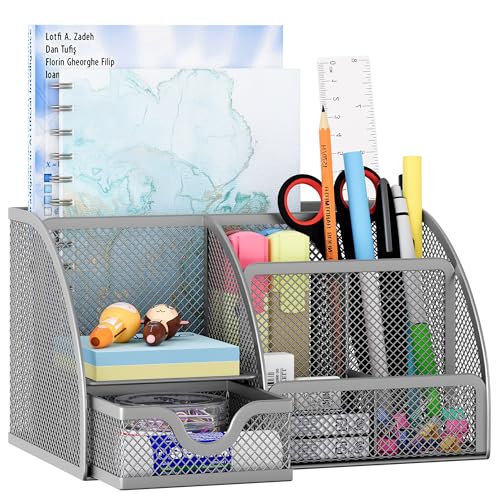 EasyPAG Mesh Desk Organizer with Drawer Multi-functional Pen Holder Stationery Organizer for Office School Supplies 6 Compartments Dorm Organizers and Storage for Desk, Silver - color: Silver