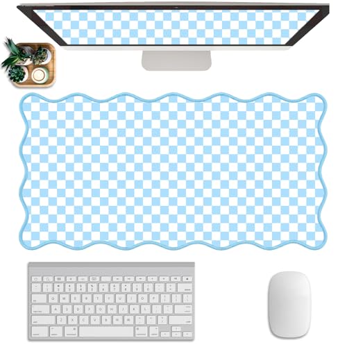 Scalloped Desk Mat Extended Large Cute Mouse Pad Big Desk Pad XXL Aesthetic Kawaii Plaid Mousepad Checkered Mouse Pad for Keyboard Computer Laptop Home Office Accessories Girl 31.5X15.7Inch Blue - color: Blue, size: 31.5" x 15.7"