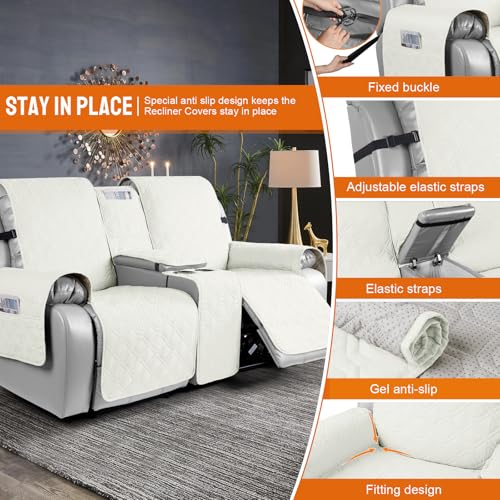 VANSOFY Loveseat Recliner Cover with Console 100% Waterproof Sofa Slipcovers Non-Slip Reclining Couch Cover Split Sofa Covers Furniture Protector for Pets, Dogs(Off White) - color: Off White