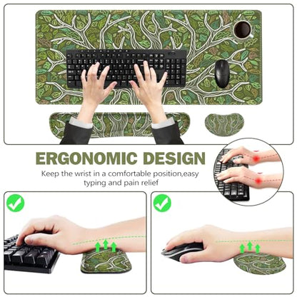 ToLuLu Desk Mat, Gaming Mouse Pad Wrist Support 4 in1 Set, XXL Large Mouse Pad + Keyboard Wrist Rest + Memory Foam Cushion Mouse Wrist Rest for Pain Relieve + Coaster Table Computer PC, Green Leaves - color: Green Leaves