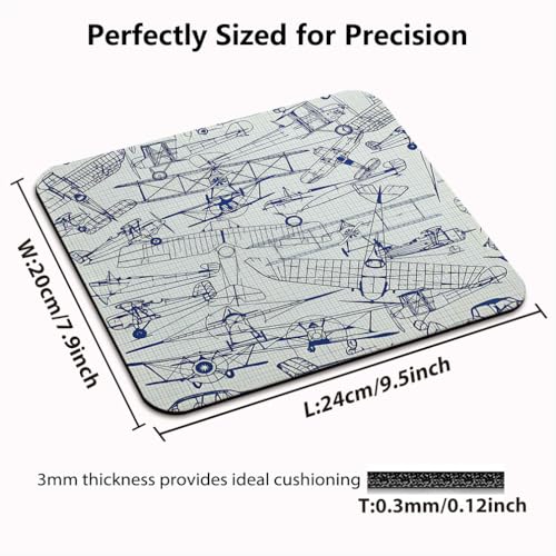 Old Airplane Drawing Mouse Pad, Classic Dated Flight Vintage Jets Desk Mat | Nostalgic Aircraft Retro Blue Design, Anti-Slip Rubber Base, Silky Smooth Surface, Cute Office/Gaming Mousepad - color: Color_CNad