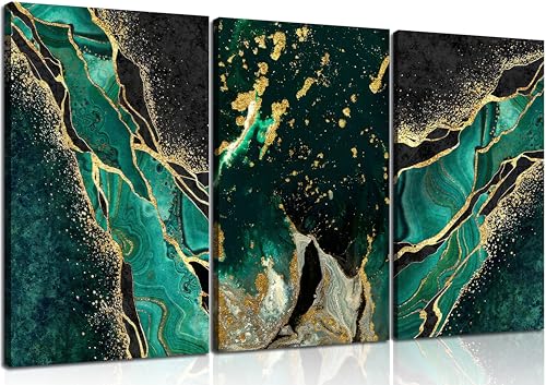 WSTUKVV 3Pcs Green and Gold Wall Art Abstrct Gold Foil Lines Posters Pictures Marble Texture Canvas Prints Dark Green Paintings for Nordic Living Room Bedroom Office Home Wall Decor Ready to Hang - color: Green gold canvas, size: 24"Lx16"W