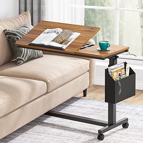 Tribesigns Height Adjustable C Shaped End Table with Wheels and Side Pocket, Mobile Sofa Snack Table with Tiltable Drawing Board, Laptop Side Tray Table for Couch Bed (Walnut Brown) - color: Walnut Brown