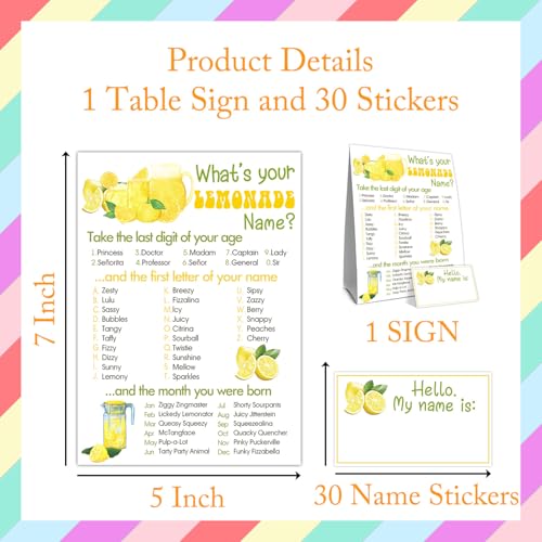 Funny Lemonades Games Sign Cards Set, What's Your Lemonades Name Game Card, Lemonade Party Game Cards, 1 Lemonade Name Sign, 30 Lemon Name Sticker Card, Birthday Party Games Decoration for Boys Girls - style: Lemonades