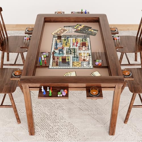 LAUSAINT HOME Board Game Table, 63" x 39" Gaming Table with Removable Table Top & Play Mat for 6 Players, Includes Detachable Cup Holders and Trays for Dining, Card, DND, Poker in Walnut - size: Rectangular Table