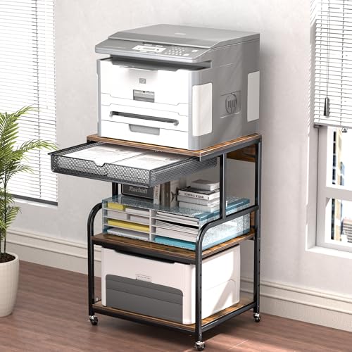 Large Printer Stand with Storage Shelf, Industrial Rolling Printer Cart Holder with Lockable Wheels, 5-Adjustable Heights, 3D Scanner Fax Printer Table for Home Office Use - size: Medium