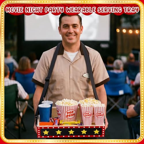 Movie Night Trays with Strap 15 x 10 x 3 Inch Wooden Snack Tray Party Wearable Serving Trays Usherette Popcorn Drink Beverage Carrier for Theater Family Room Film Carnival Prop Supplies(Star) - style: Star
