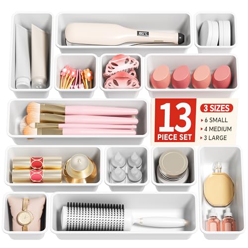 Canfanni 13 Pack Plastic Drawer Organizers Set, 3 Sizes Desk Drawer Organizer Trays for Vanity and Makeup Organizer, Organization and Storage for Makeup, Kitchen Utensils, Bathroom and Office(White) - color: White