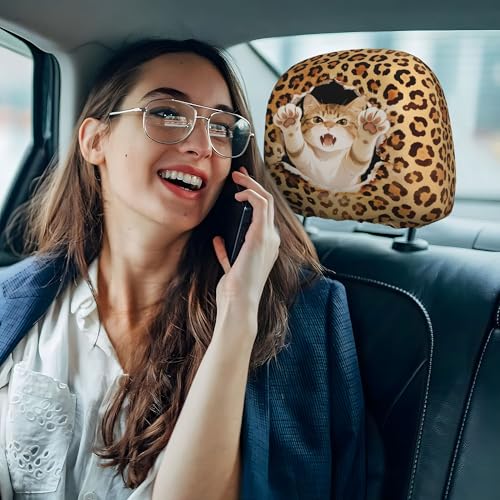 Funny Cat Car Headrest Covers 2 Pack Universal Size Cheetah Print Head Rest Cover Auto Accessories - color: Leopard Gold