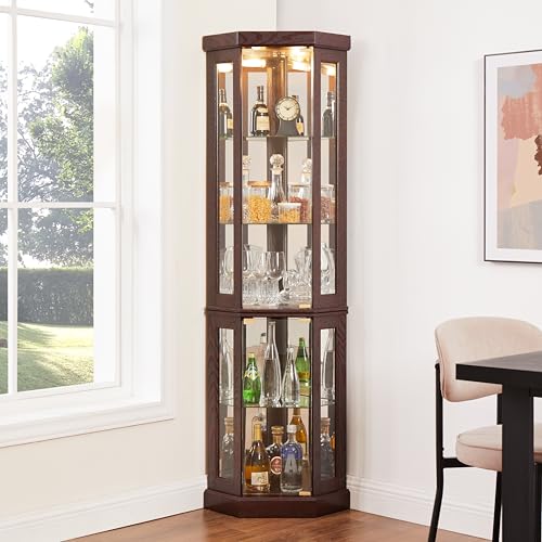 70" Lighted Corner Curio Cabinet,Inside Mirror Corner Glass Display Case with Tempered Glass Door for Living Room, Antique Collectibles, Wine & Bar Glass Storage, Lights Included - color: Dark Cherry, size: Style-A