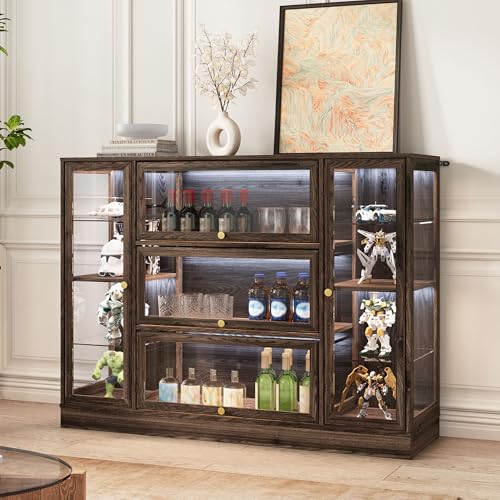 Display Cabinet with Acrylic Glass Doors,Extra Wide Curio Cabinet with LED Lighting for Collectibles, Collectibles Toy Organizers Rack & Display Shelf Display Case, Walnut - color: Walnut, size: 56" W x 42" H