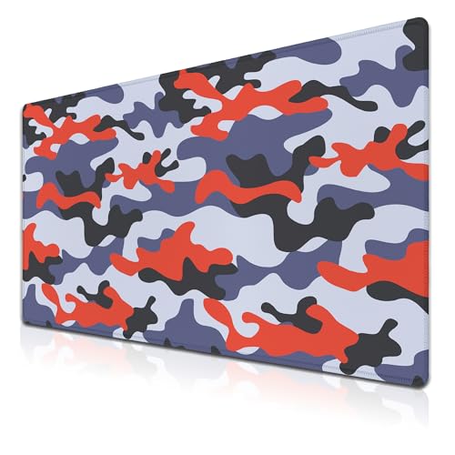 Keyboard Mouse Pad Blue Home Office Desk Pad Large Mousepads Computer Mat Keyboard Desk Mat Waterproof Non-Slip Rubber Base 35.4" X 15.7" for Game Office, Camouflage with Red Spots - color: Blue Camouflage With Red Spots