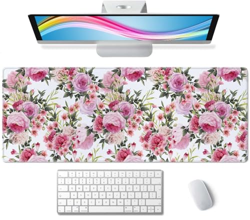 Floral Pattern with Roses Desk Mat Pink Large Extended Mouse Pad XL Desk Pad Gaming Mousepad Keyboard Mouse Mat for Computer Laptop 31.5''X11.8'' Non-Slip Rubber Base with Stitched Edges - color: Floral Pattern With Roses