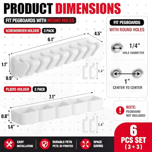 Junkin 6 Pcs Pegboard Screwdriver Holder and Pliers Organizer Set, Pegboard Tool Storage Rack, Peg Board Organizer Accessories for Garage Workshop Storage, Tool Display Hooks for Shop Store(White) - color: White