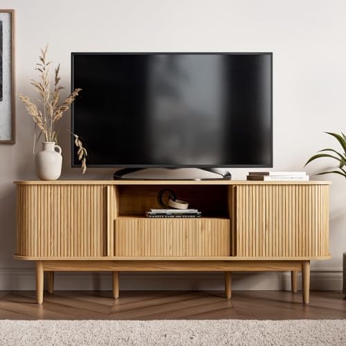 MAISONARIA 63" Tambour TV Stand, Fluted TV Stand for TVs up to 70'', Modern Entertainment Center with Storage, Wood Media Console with Sliding Doors for Living Room, Natural - color: Oak