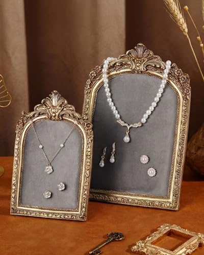 Wonderjune 2 Pcs Gold Jewelry Display Frame Vintage Jewelry Stand 10″, 7″ Resin Necklace Organizer Ring Holder Earring Tray for Photography Props Women Wedding Gifts(Grey,Large,Small,Elegant) - color: Grey, size: Large,Small, style: Elegant