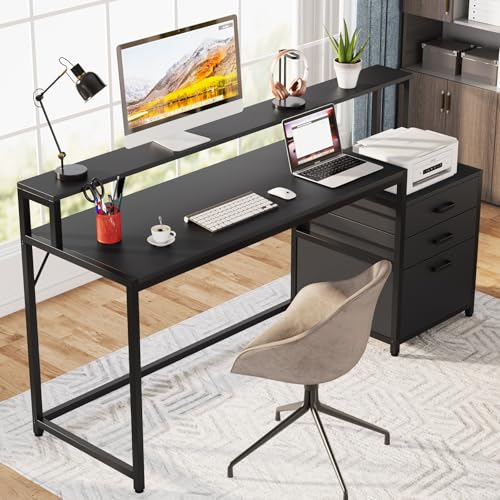 Tribesigns 63 Inch Computer Desk with File Drawer Cabinet, Ergonomic Office Desk with Monitor Stand, Industrial Computer Table with Printer Space, Wood PC Table Workstation Desks for Home Office - color: Black