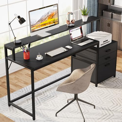 Tribesigns 63 Inch Computer Desk with File Drawer Cabinet, Ergonomic Office Desk with Monitor Stand, Industrial Computer Table with Printer Space, Wood PC Table Workstation Desks for Home Office - color: Black