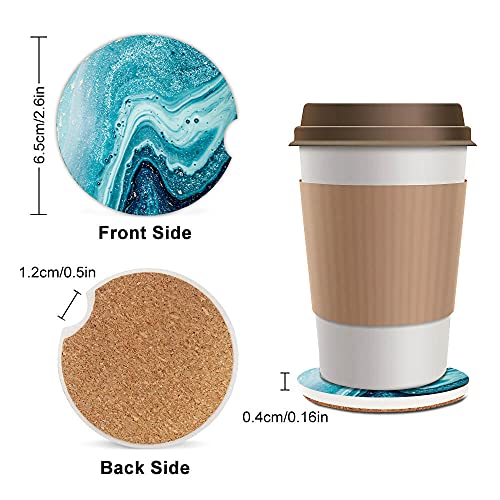 Car Coaster for Cup Holders, 2 Pack Absorbent Ceramic Car Cup Holder Coaster for Drinks, Cute Car Assecories for Women&Men, 2.56" Universal Size with Finger Notch & Cork Base - color: Bleautiful Sea